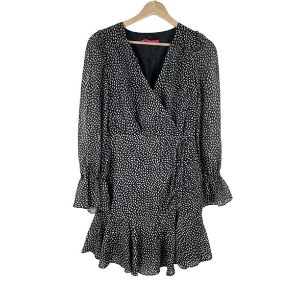 Betsey Johnson Heart Print Mini Dress Faux Wrap Ruffle Chiffon Whimsigoth Glam - Picture 1 of 10